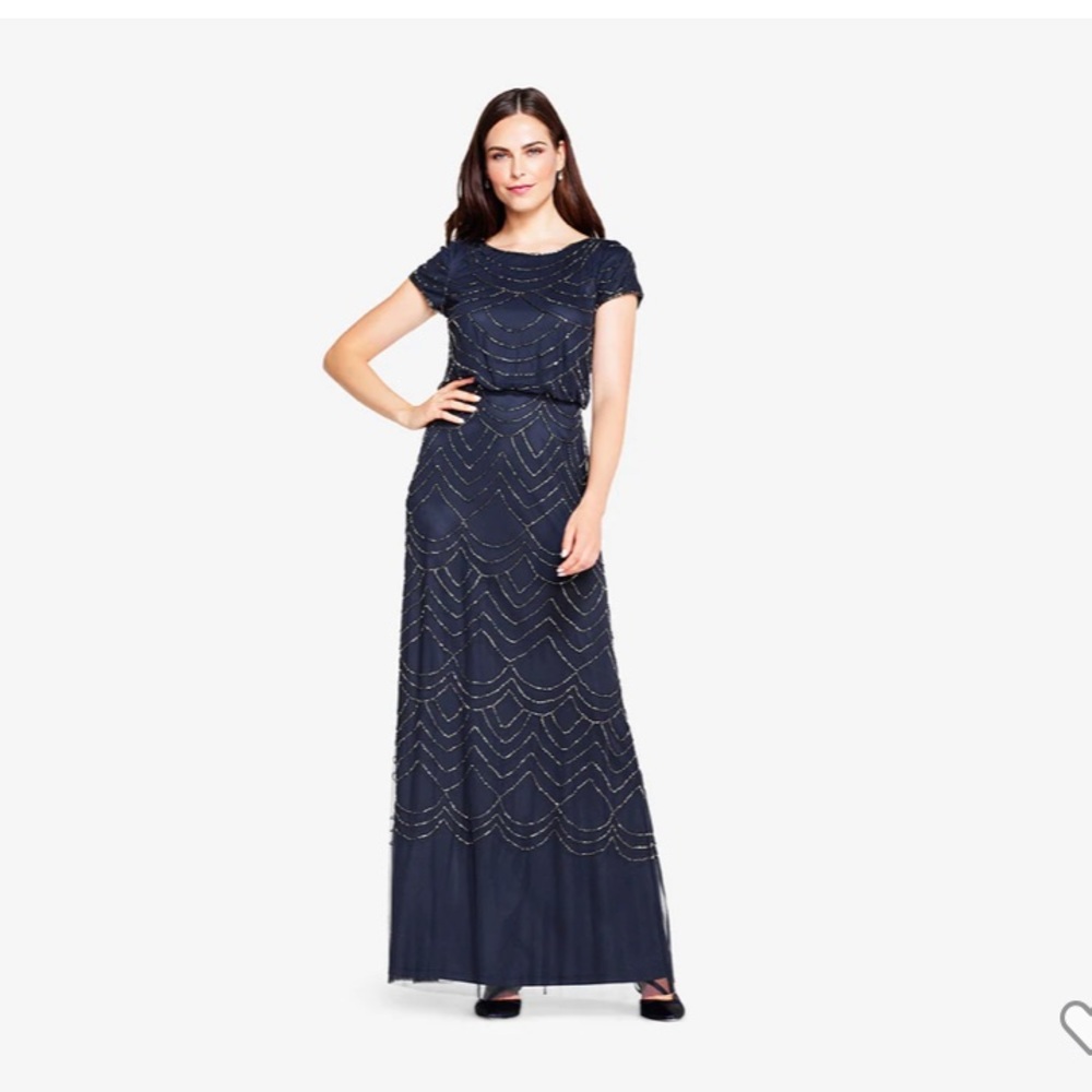 NWT Adriana Papell Short Sleeve Beaded Blouson Dress (NAVY)